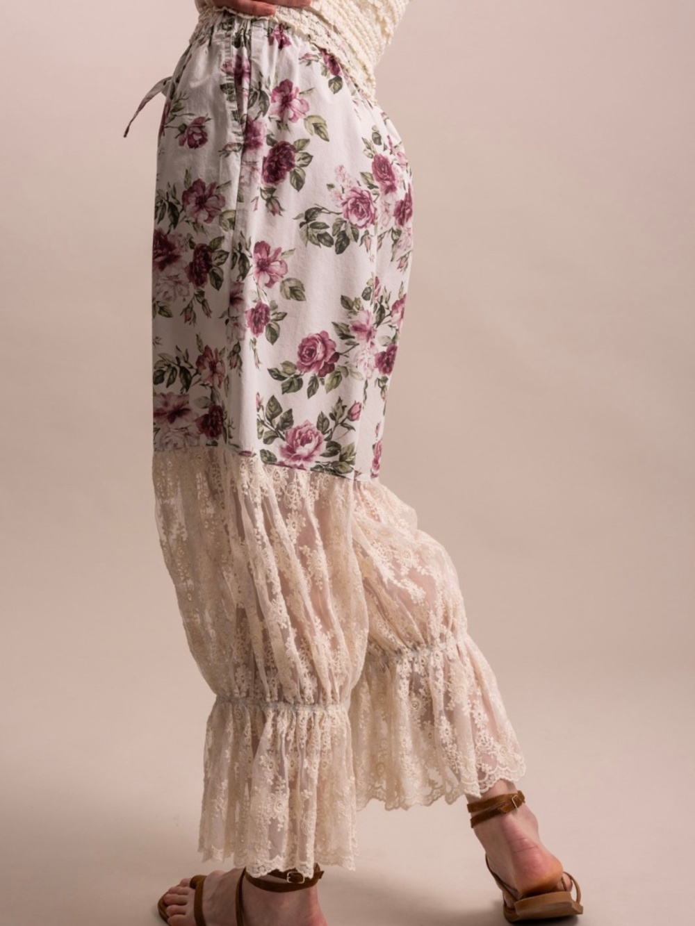 Bluevelvet Stretchy Waist Floral Print Semi Sheer Lace Bloomers Pants - Picture 3 of 8